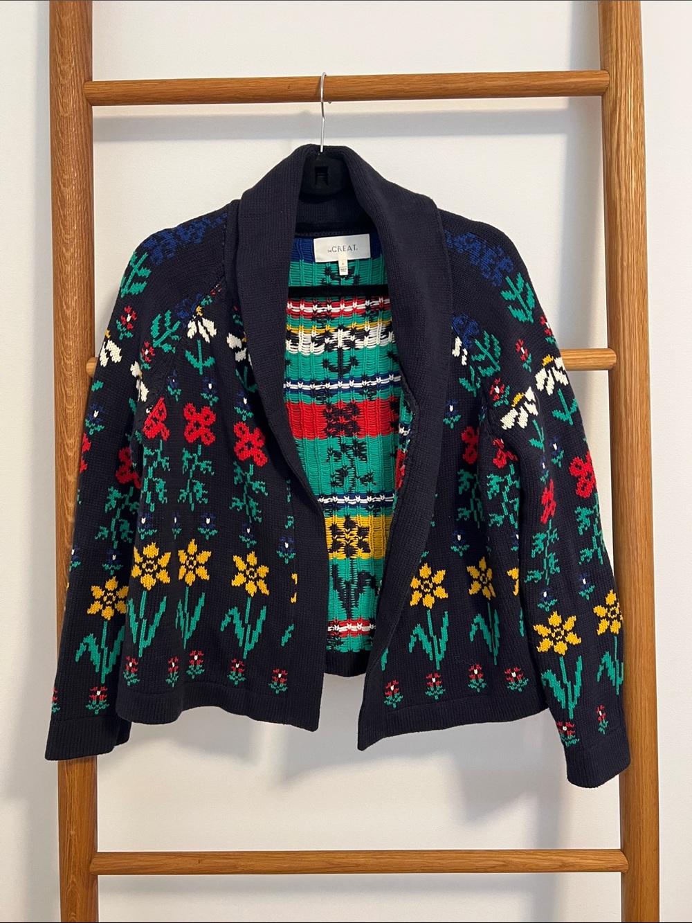 THE GREAT. Navy Floral Shawl Cardigan with Multicolor Intarsia